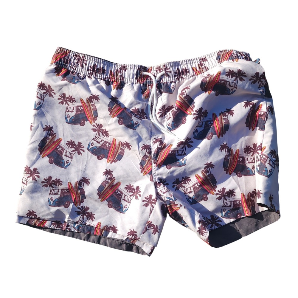 Wave Life Mens Reversible Swim Trunks Surf Van Palm Tree Print White Grey XL